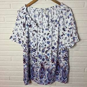 Talbots Red, White and Blue Paisley Short Sleeve Flowy Top, Women’s Size Large